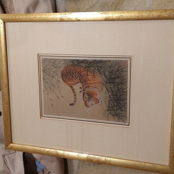 Vintage 1970s Japanese hand-painted on silk tiger signed 12 x 15" - Picture 1 of 8